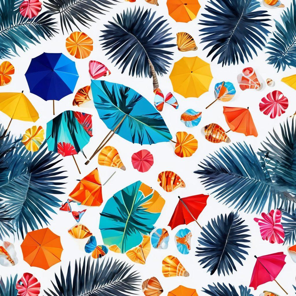 A vibrant beach scene showcasing a diverse array of bikini designs and stylish beachwear. Include models of various ethnicities wearing bright, trendy swimwear under a clear blue sky, surrounded by palm trees and sun loungers. Capture the essence of a fun summer vibe with colorful beach umbrellas and seashells in the foreground. Emphasize warmth, joy, and fashion-forward designs. super-realistic. vibrant colors. white background.